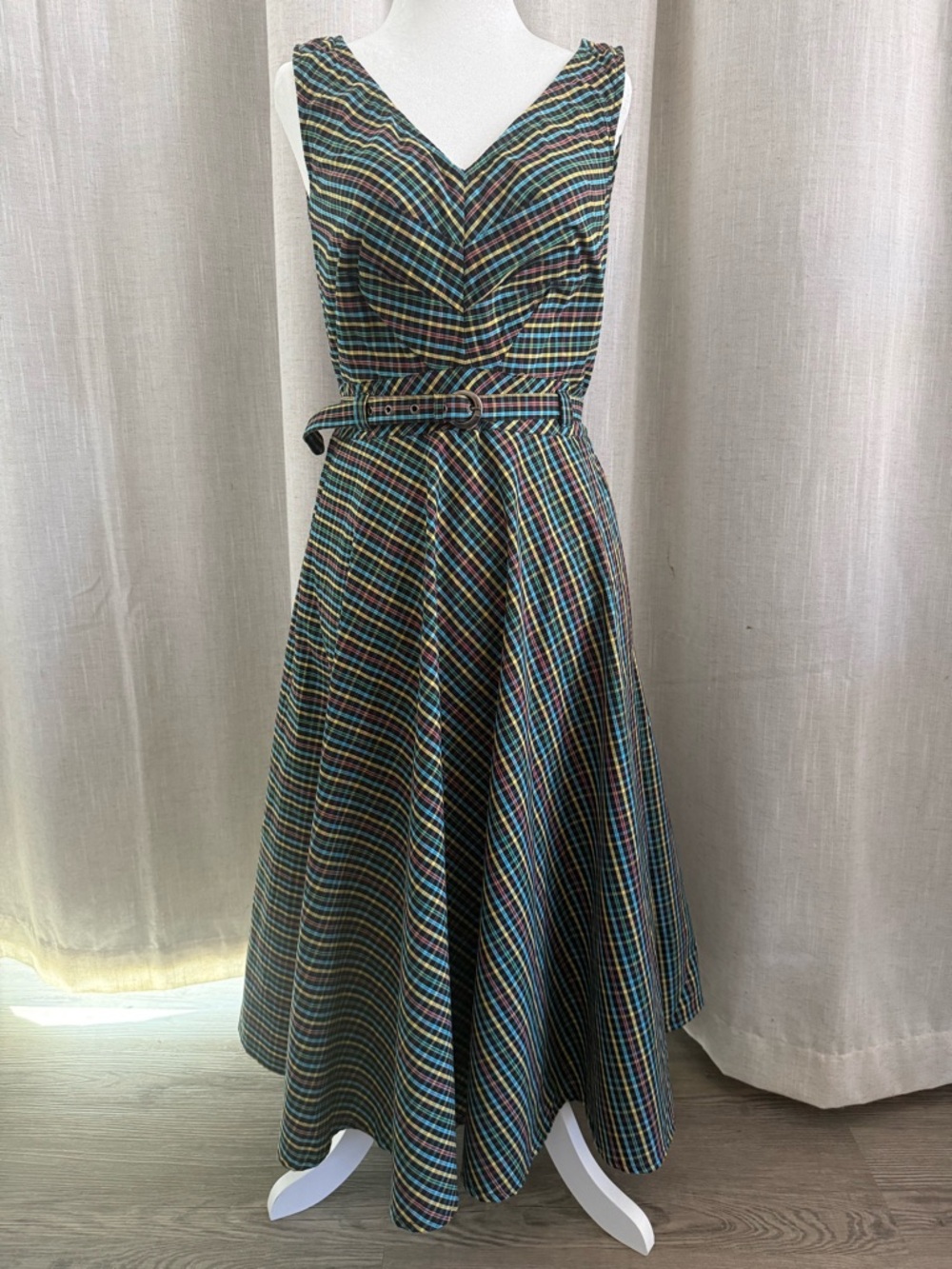 eShakti Custom Plaid Fit & Flare Midi Dress Belted Full Skirt Retro Preppy
